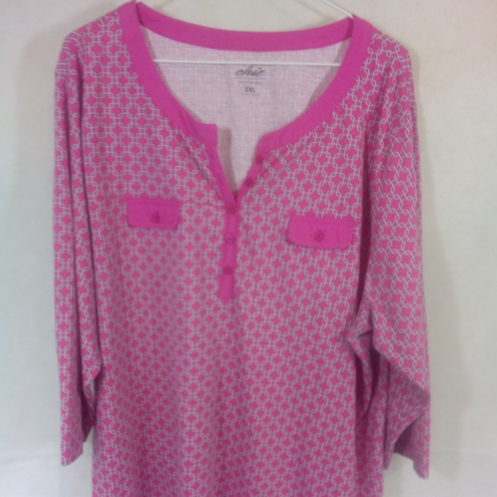 Chic Pink 3/4 Sleeve Pullover 1/4 Button Top Shirt